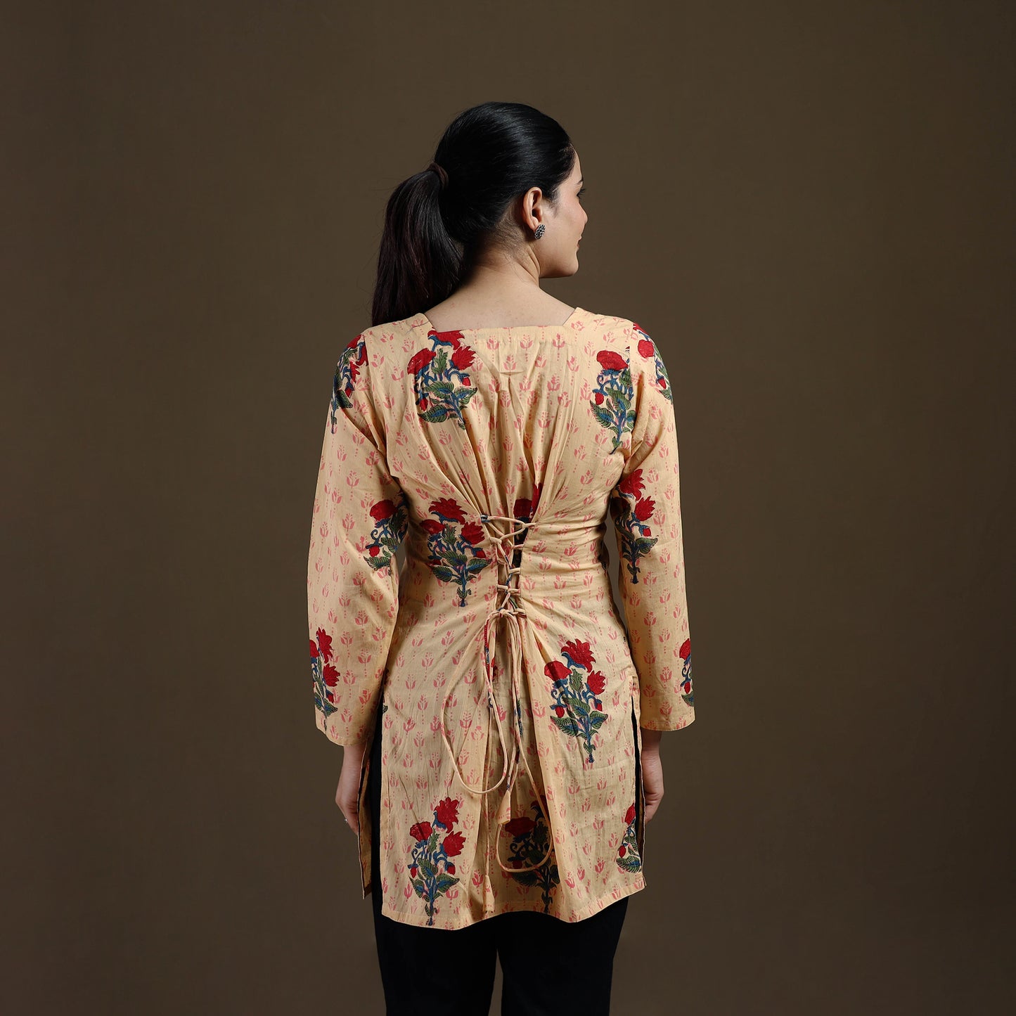 Beige - Sanganeri Hand Block Mughal Butta Print Cotton Short Kurta for women 13