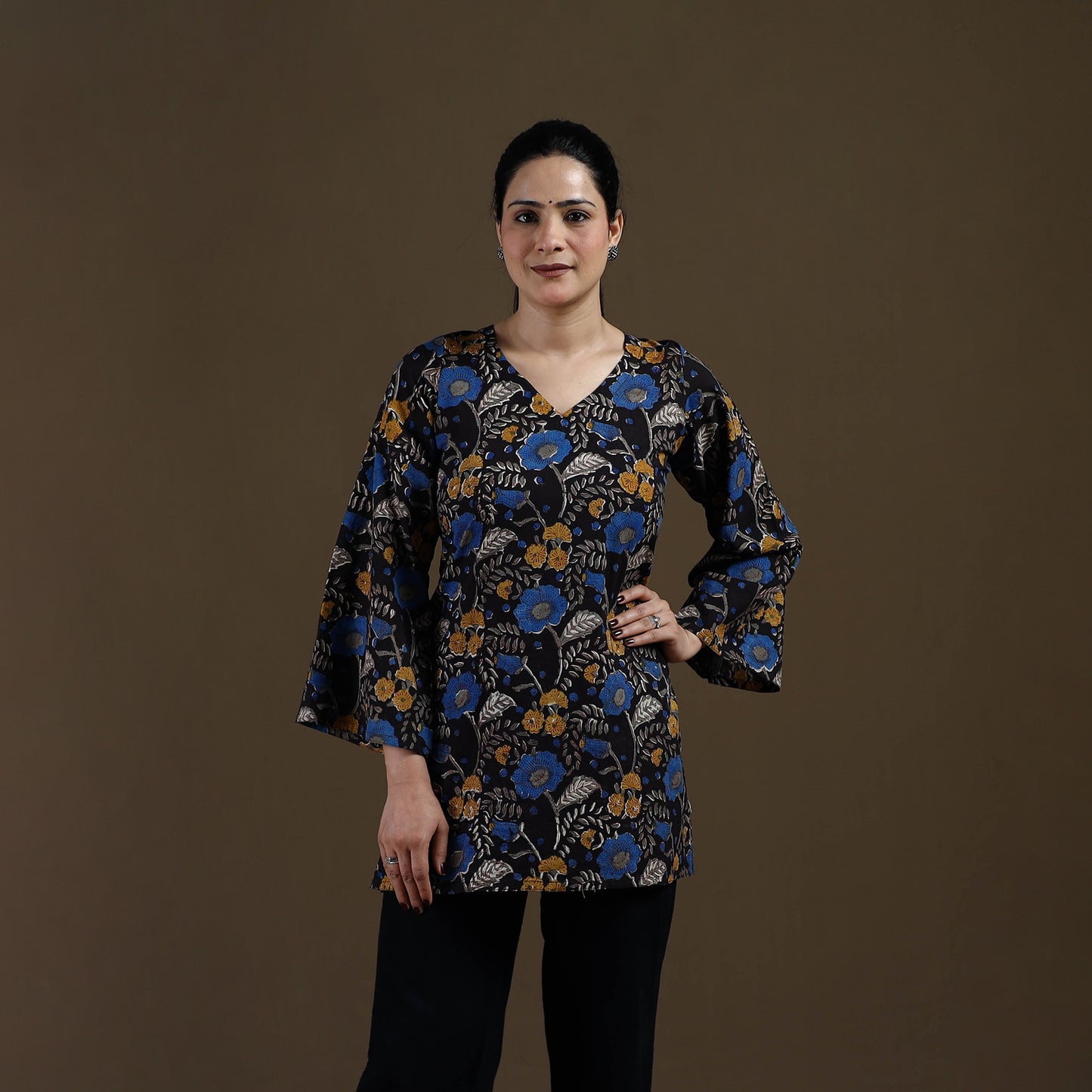 Black - Sanganeri Hand Block Print Cotton Short Kurta for women 01