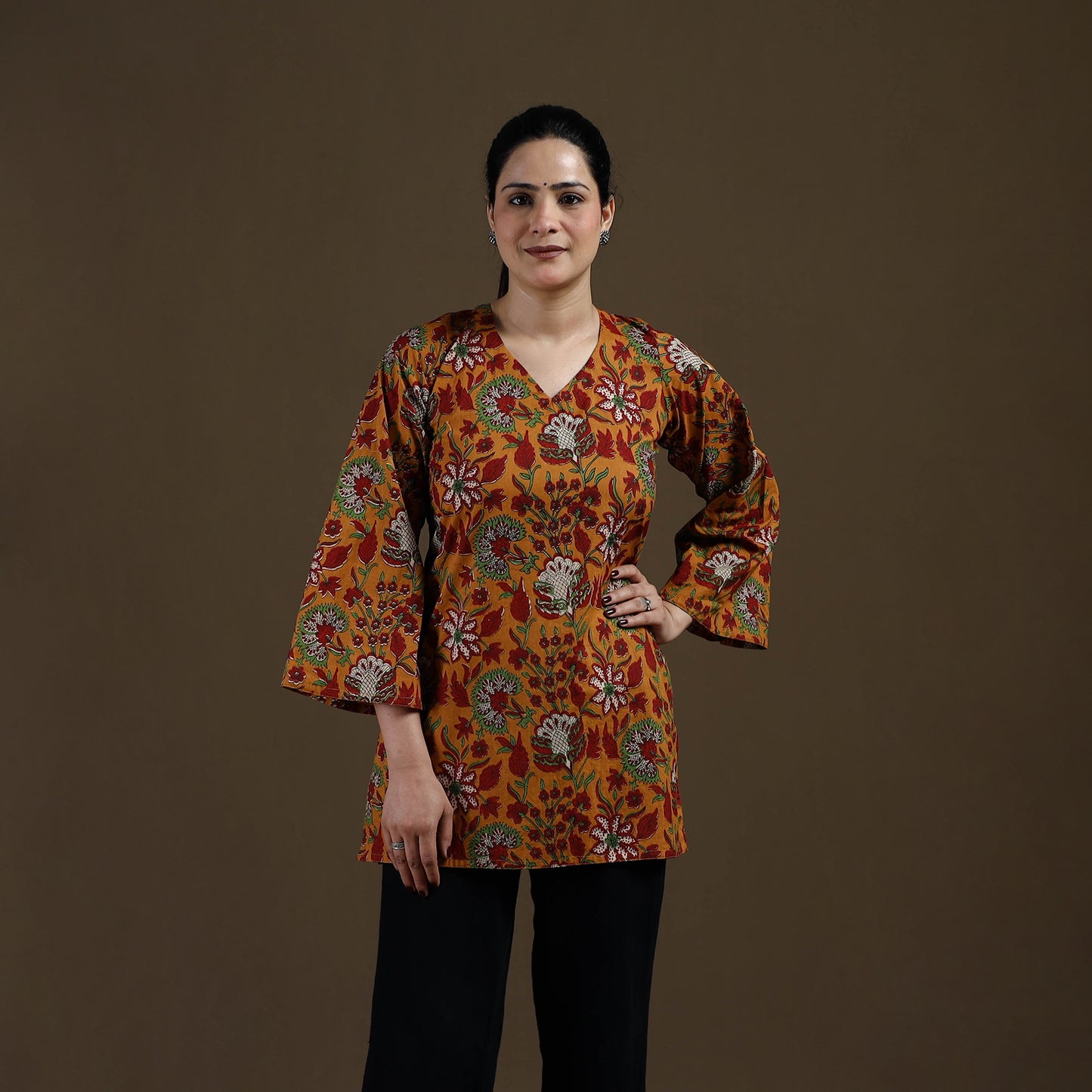 Yellow - Sanganeri Hand Block Print Cotton Short Kurta for women 04