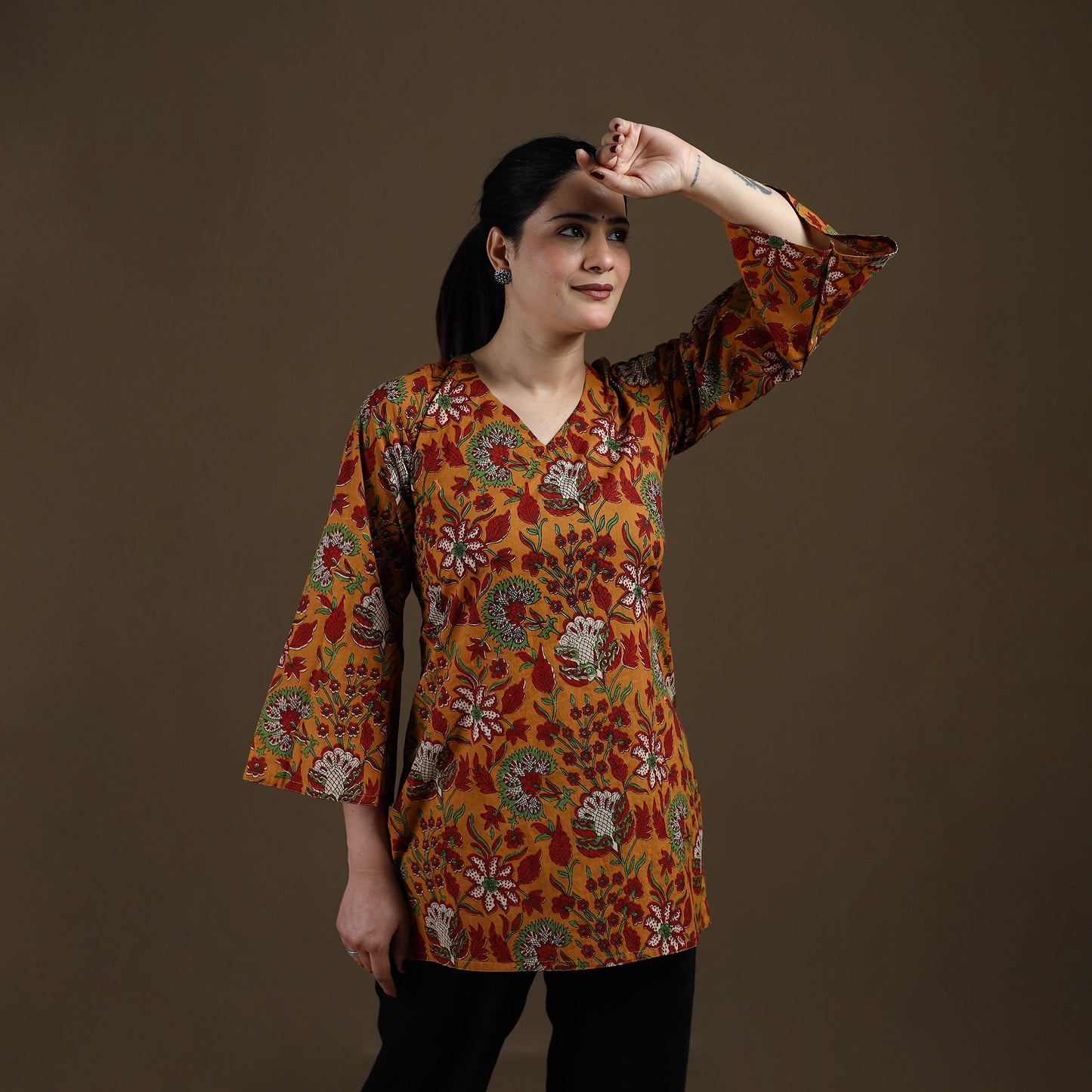 Yellow - Sanganeri Hand Block Print Cotton Short Kurta for women 04
