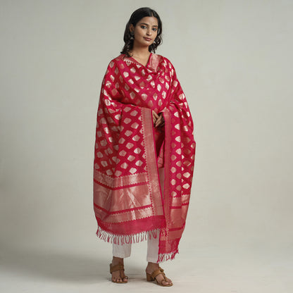 Pink - Pure Banarasi Handwoven Katan Silk Gold & Silver Zari Meena Buti Dupatta 92