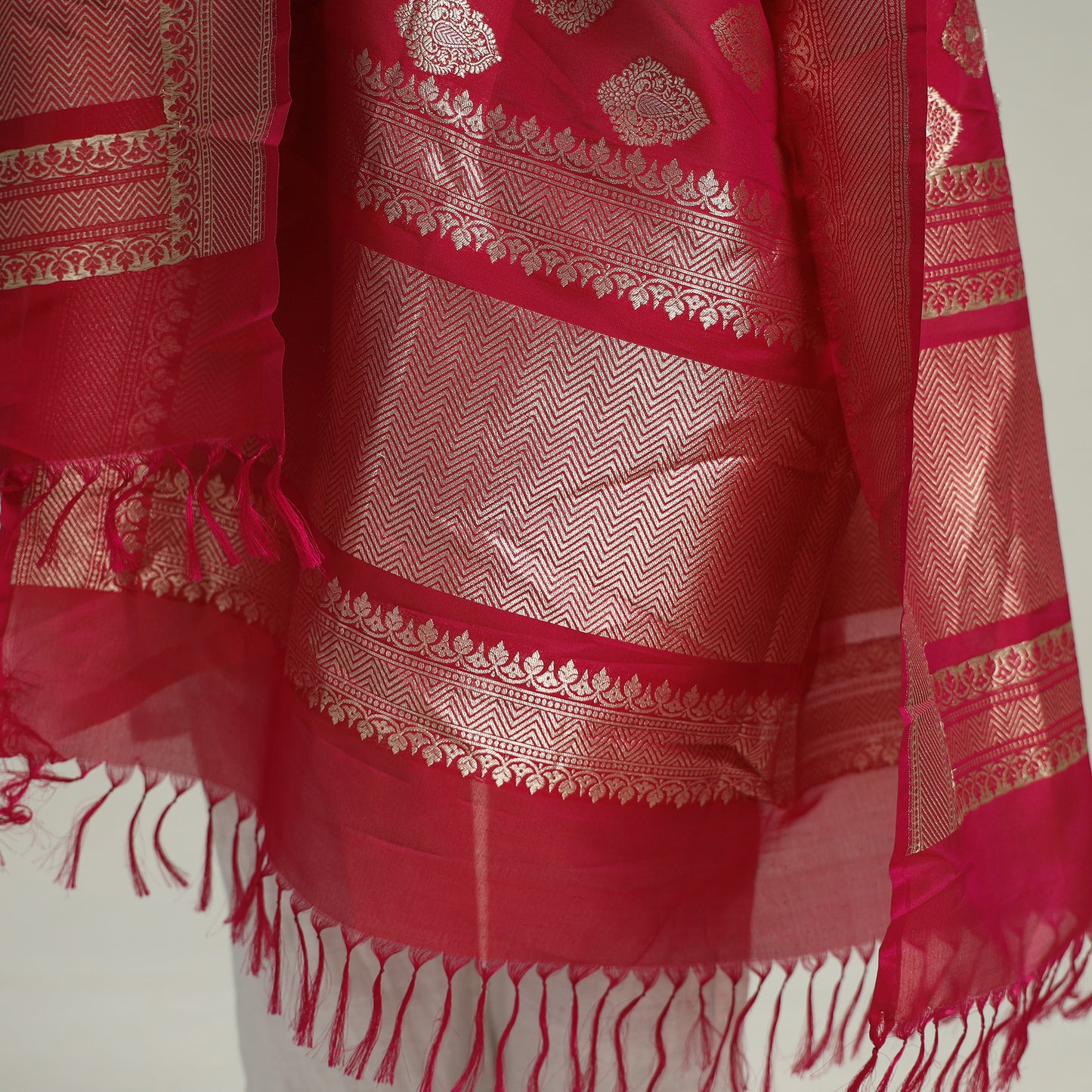 Pink - Pure Banarasi Handwoven Katan Silk Gold & Silver Zari Meena Buti Dupatta 92