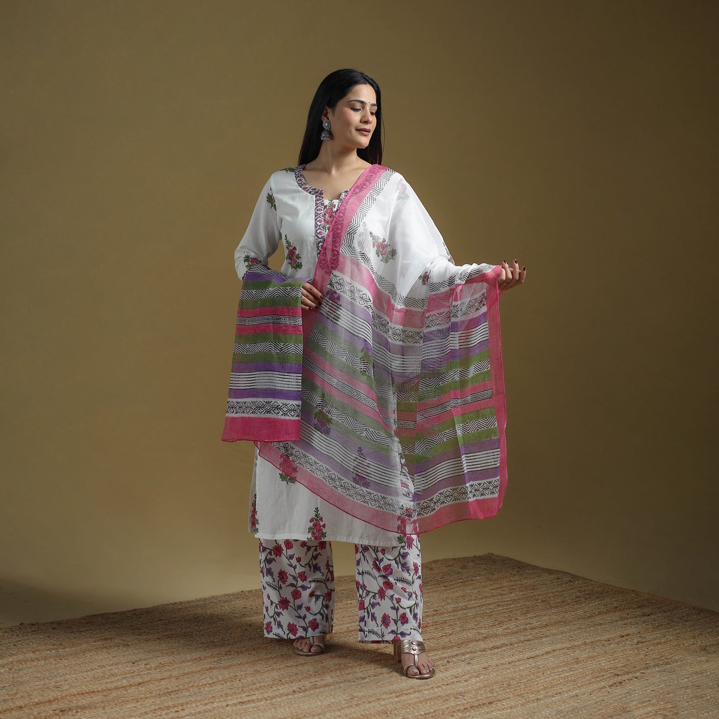 Pink - Sanganeri Hand Block Print Cotton Suit Set with Dupatta for women 19