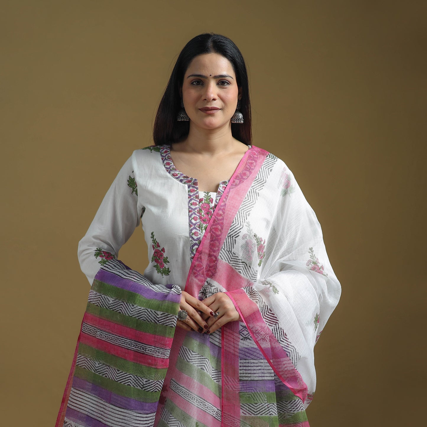 Pink - Sanganeri Hand Block Print Cotton Suit Set with Dupatta for women 19