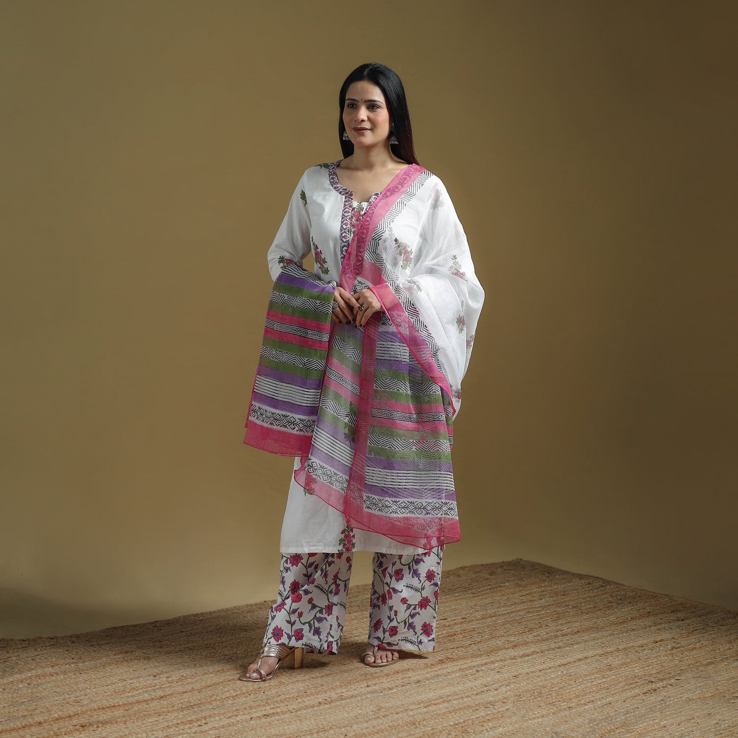 Pink - Sanganeri Hand Block Print Cotton Suit Set with Dupatta for women 19