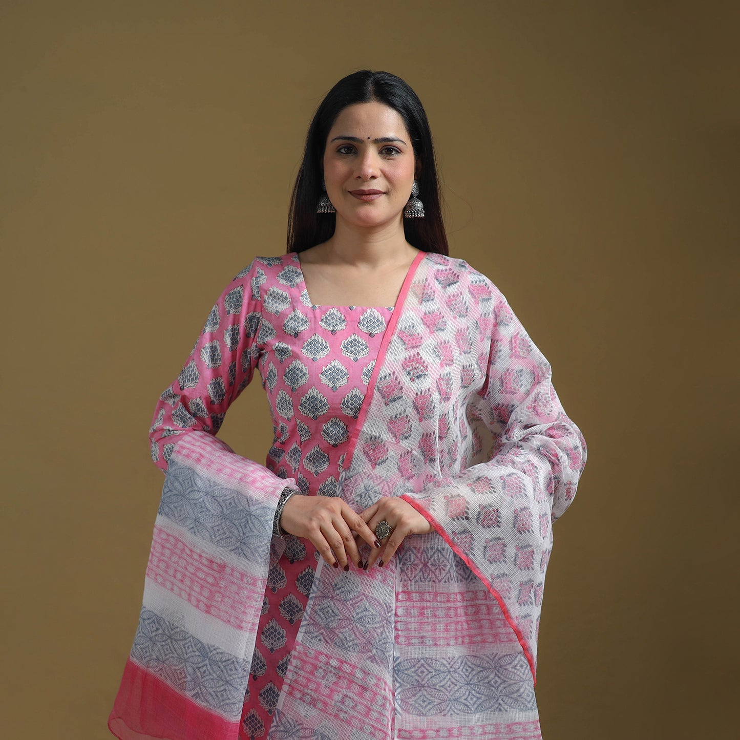 Pink - Sanganeri Hand Block Print Cotton Suit Set with Dupatta for women 29