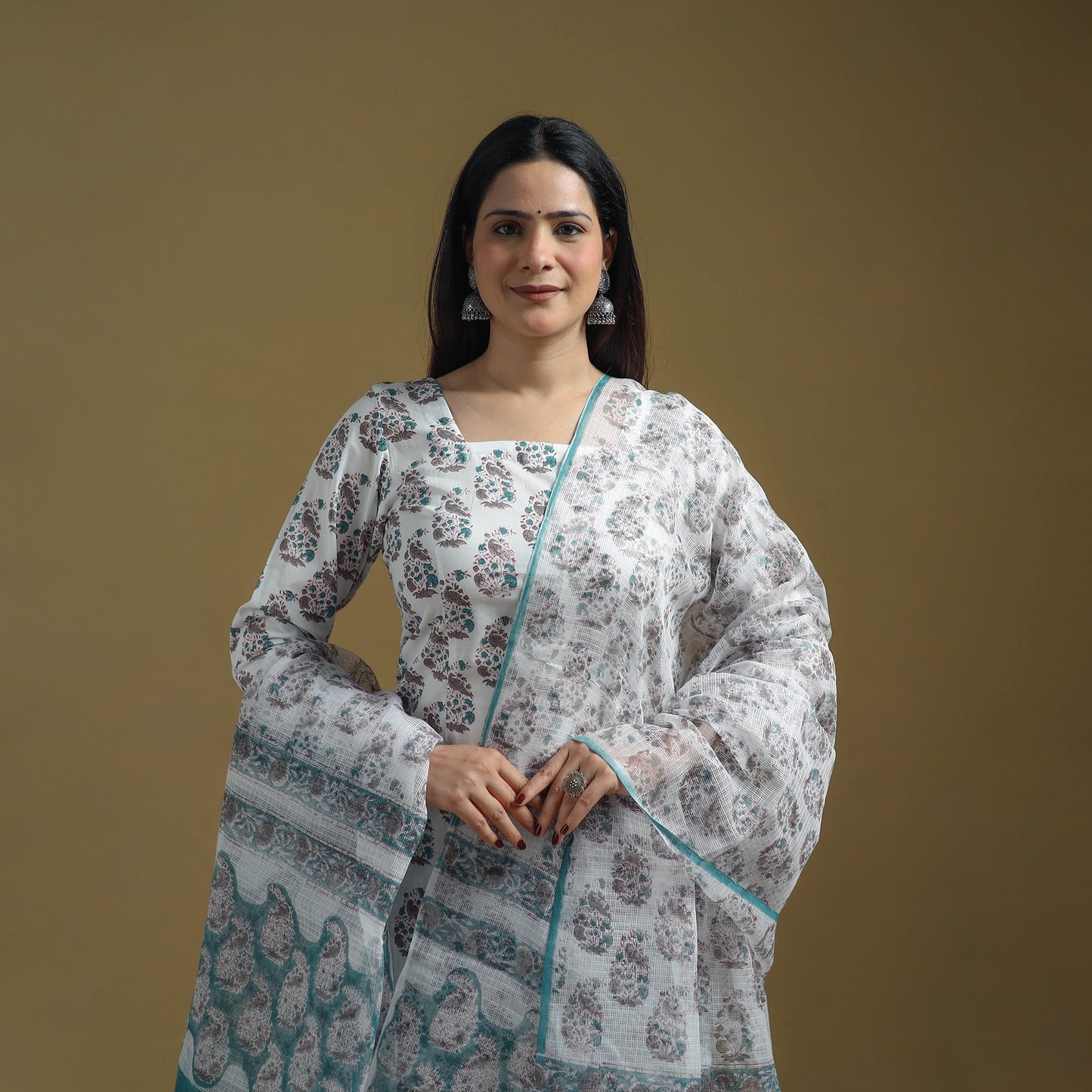 Green - Sanganeri Hand Block Print Cotton Suit Set with Dupatta for women 30