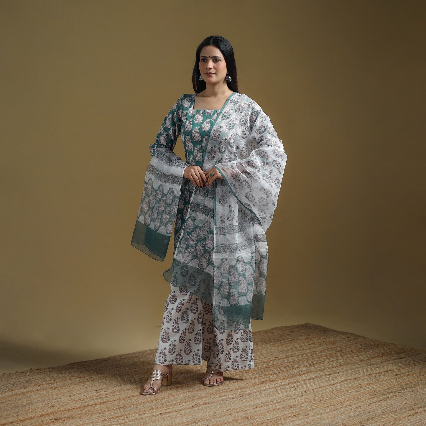 Green - Sanganeri Hand Block Print Cotton Suit Set with Dupatta for women 31