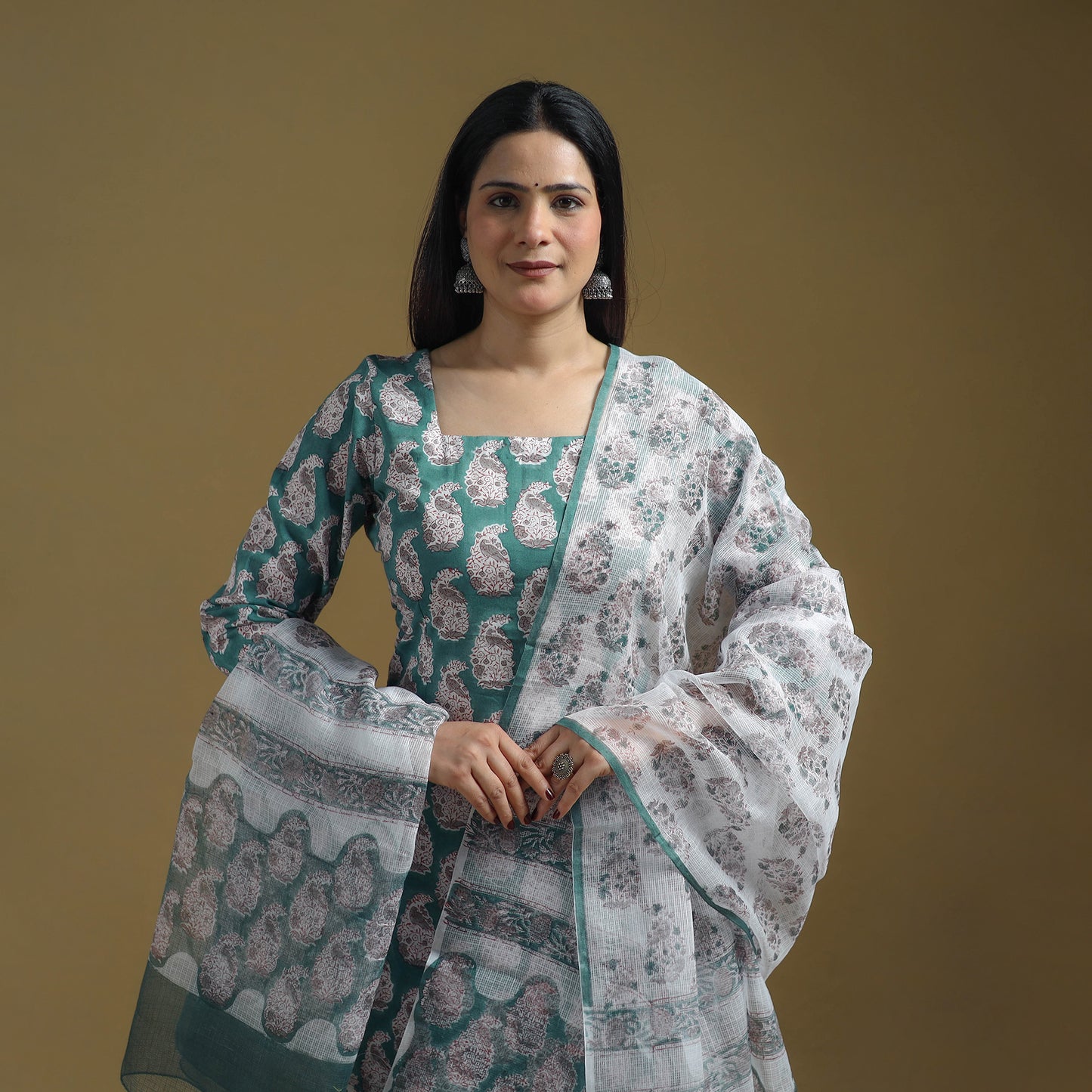 Green - Sanganeri Hand Block Print Cotton Suit Set with Dupatta for women 31