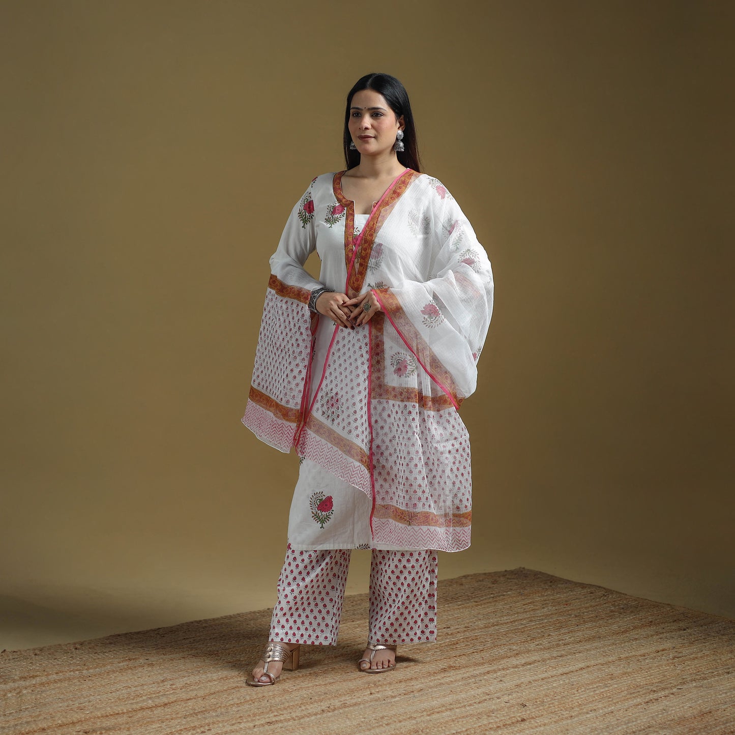 White - Sanganeri Hand Block Print Cotton Suit Set with Dupatta for women 21