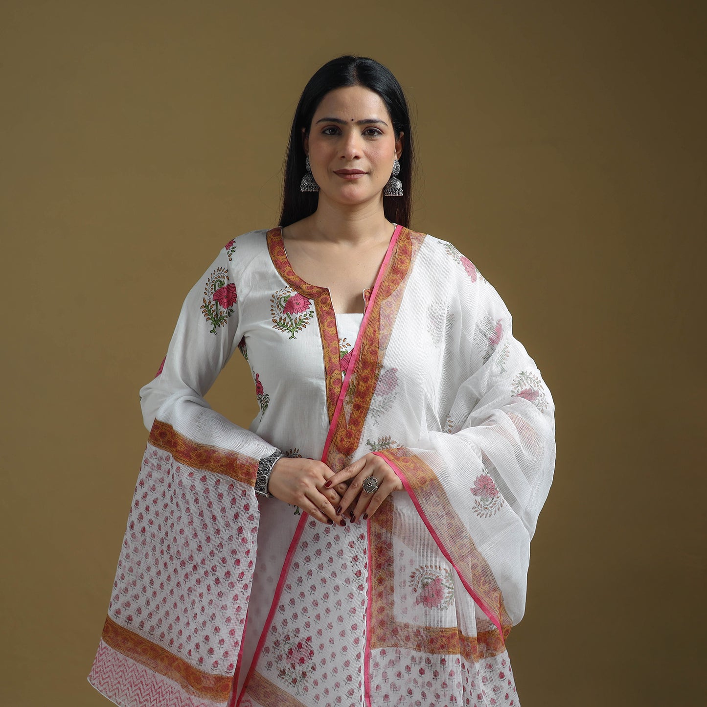 White - Sanganeri Hand Block Print Cotton Suit Set with Dupatta for women 21