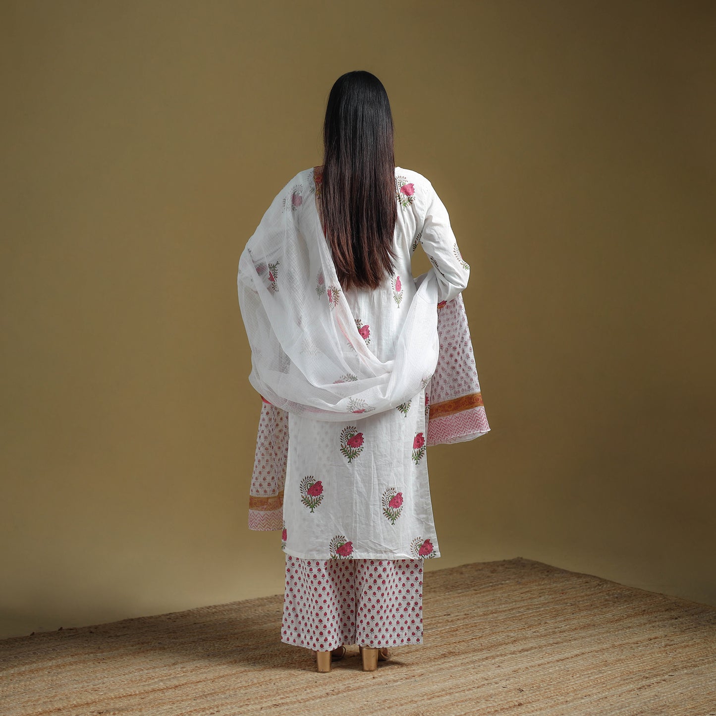 White - Sanganeri Hand Block Print Cotton Suit Set with Dupatta for women 21