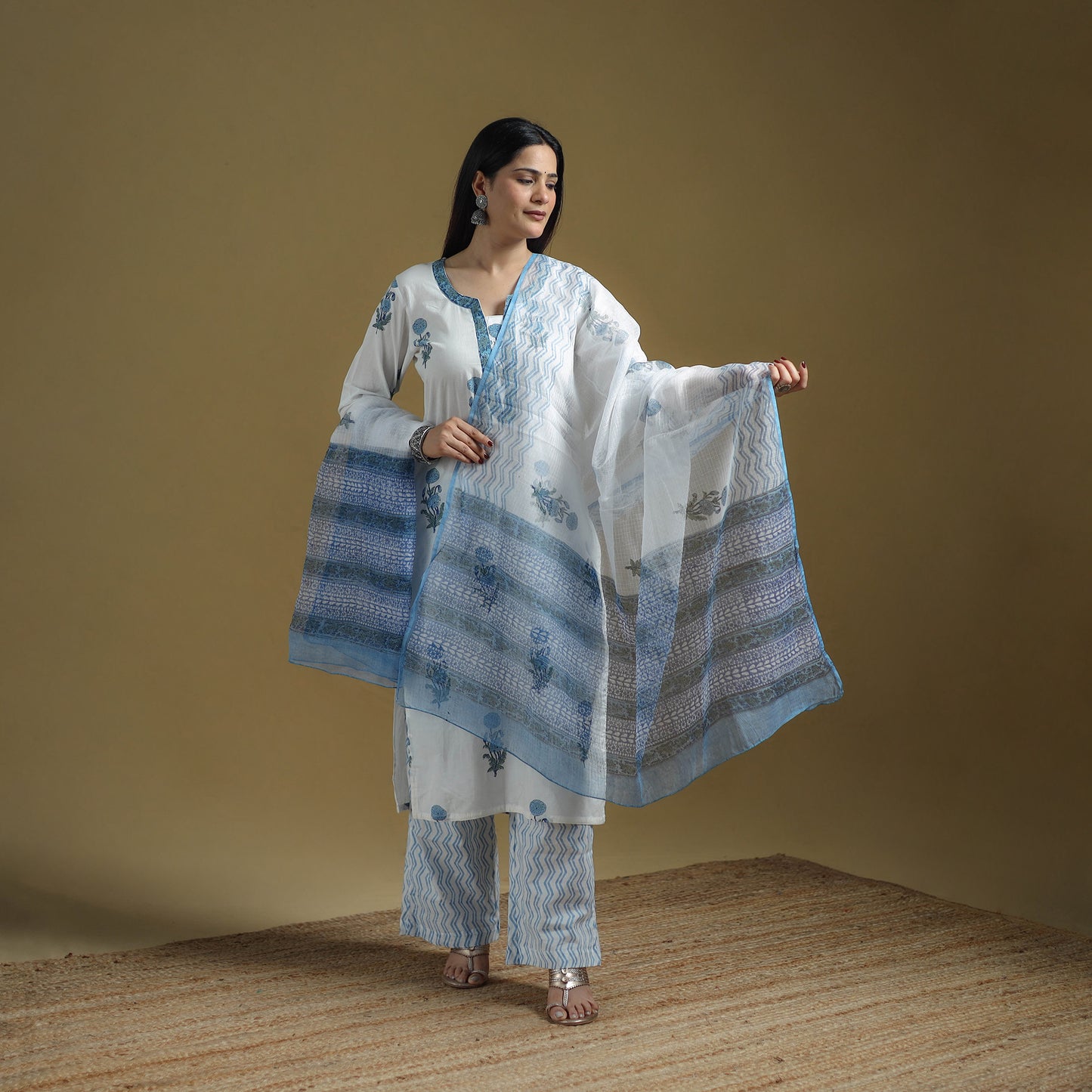 Blue - Sanganeri Hand Block Print Cotton Suit Set with Dupatta for women 20