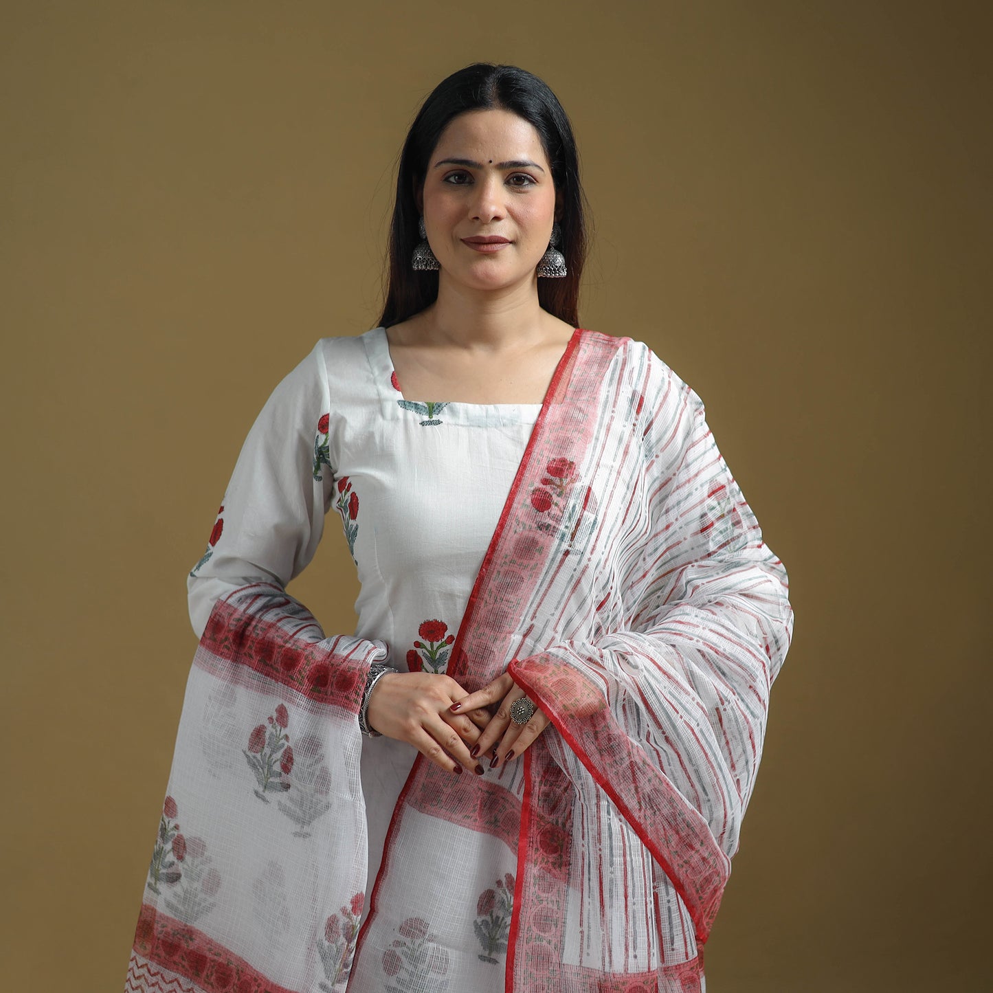 White - Sanganeri Hand Block Print Cotton Suit Set with Dupatta for women 27