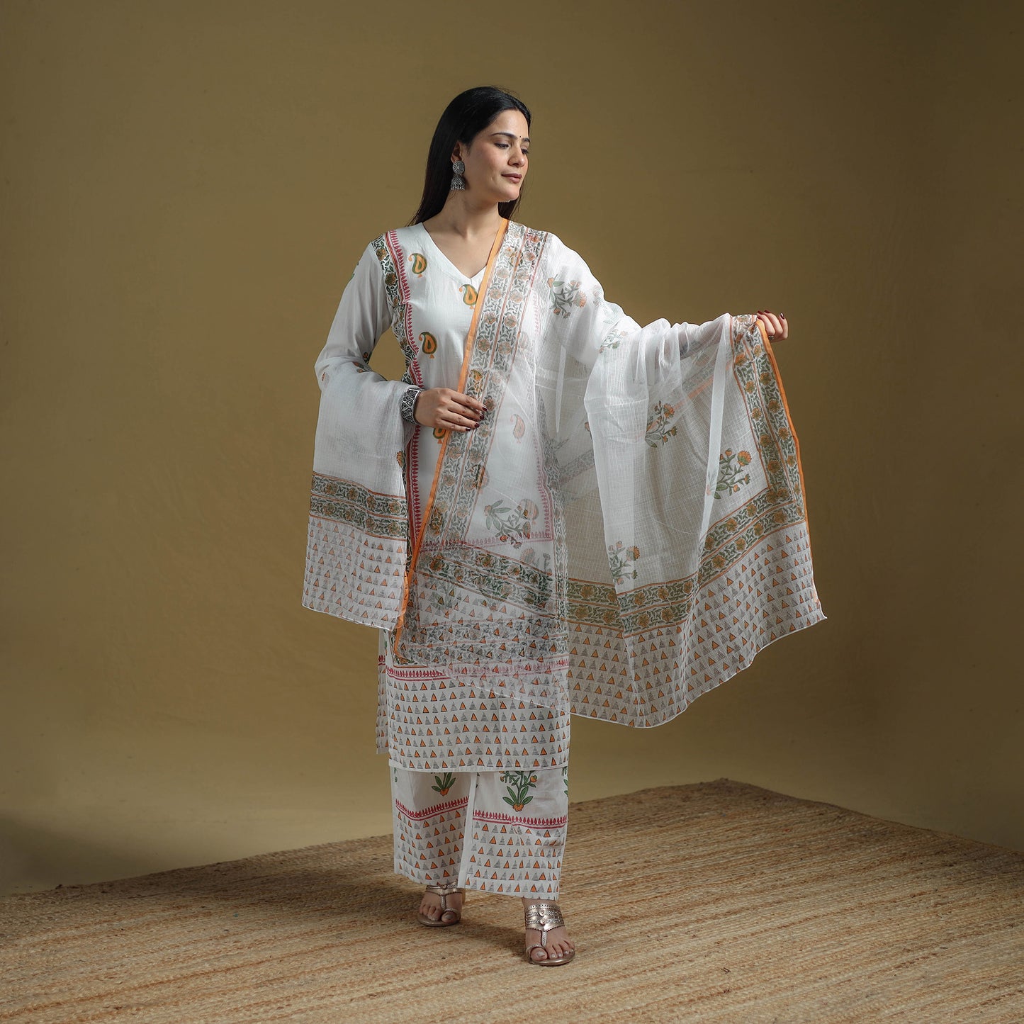 White - Sanganeri Hand Block Print Cotton Suit Set with Dupatta for women 24