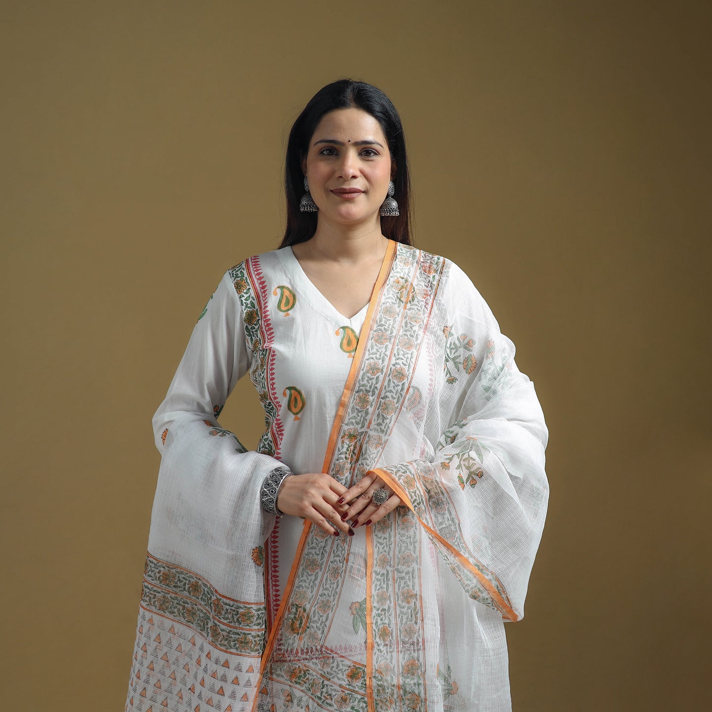White - Sanganeri Hand Block Print Cotton Suit Set with Dupatta for women 24