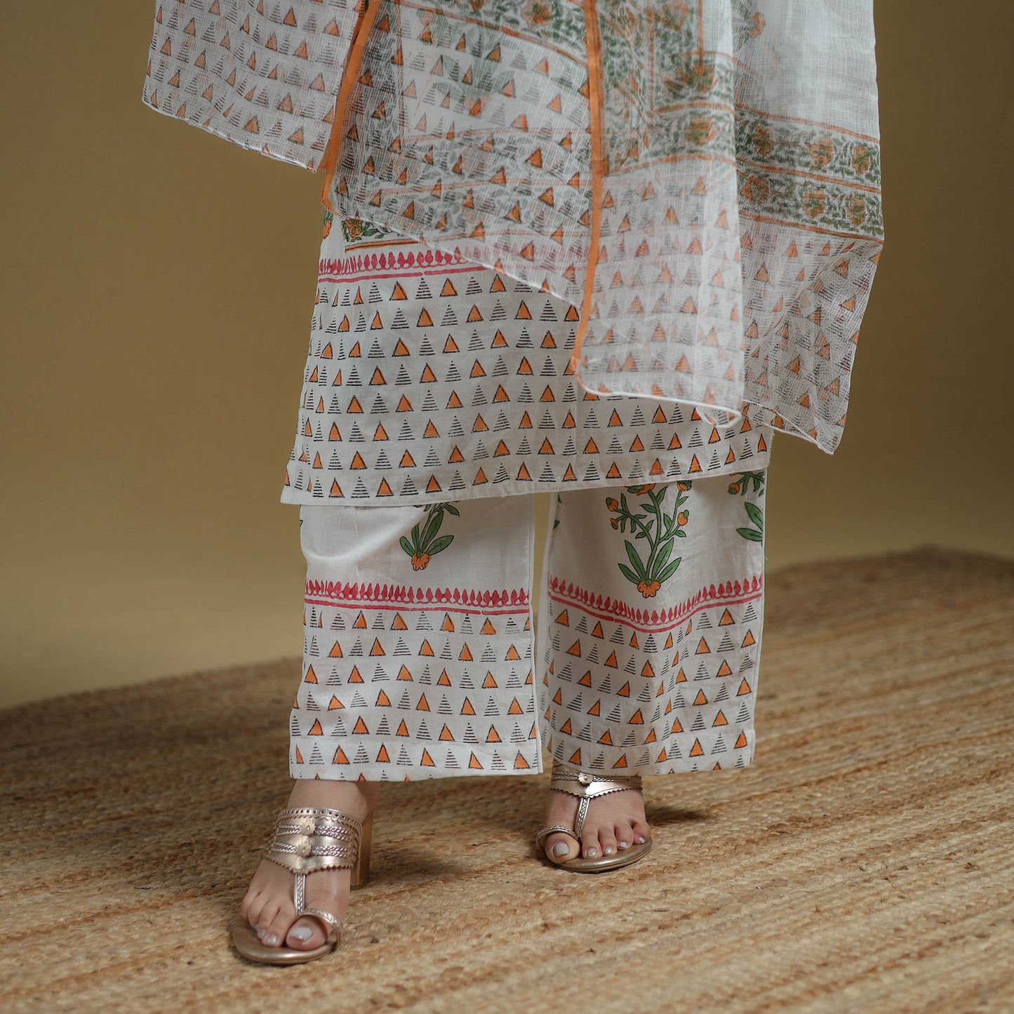 White - Sanganeri Hand Block Print Cotton Suit Set with Dupatta for women 24