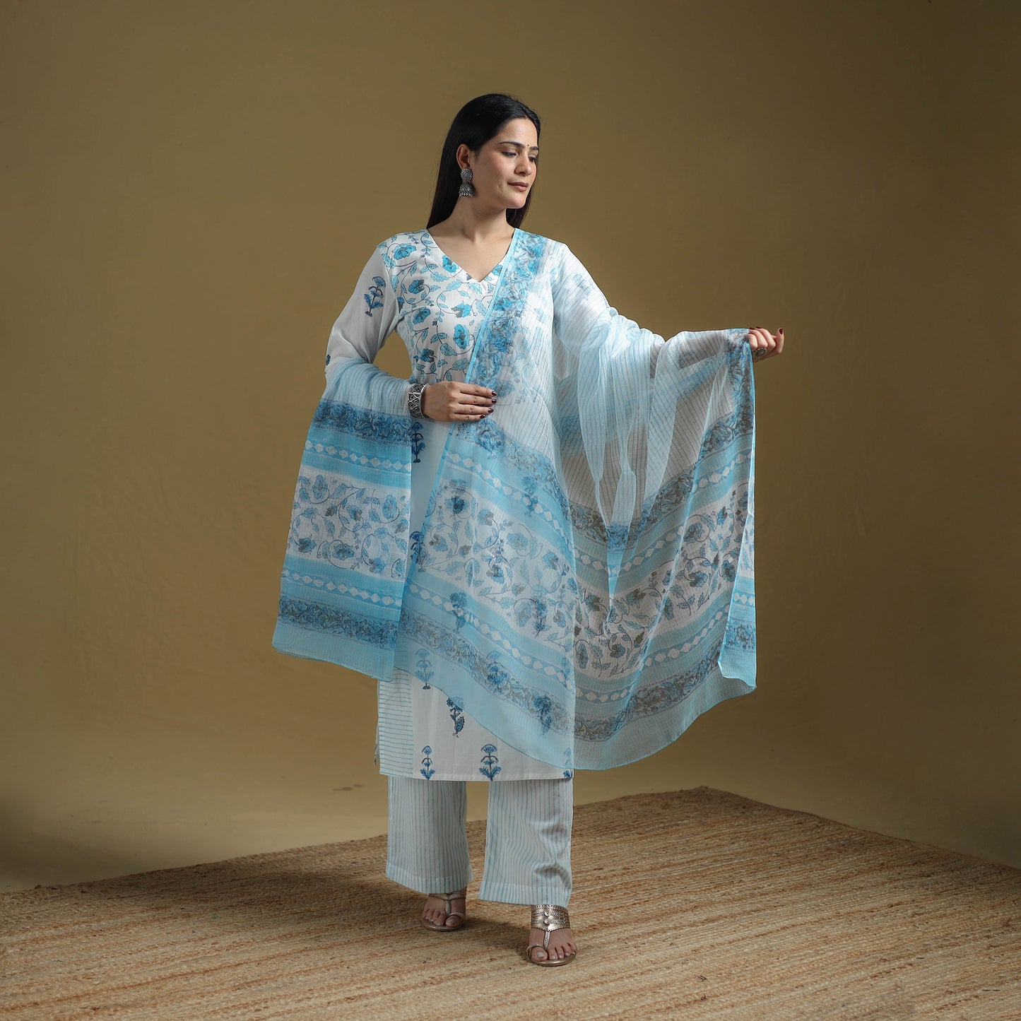 Blue - Sanganeri Hand Block Print Cotton Suit Set with Dupatta for women 23