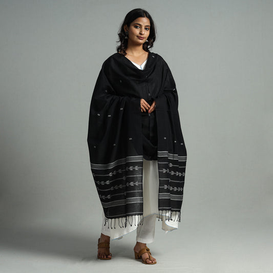 Black - Burdwan Jamdani Buti Handloom Cotton Dupatta with Tassels 20