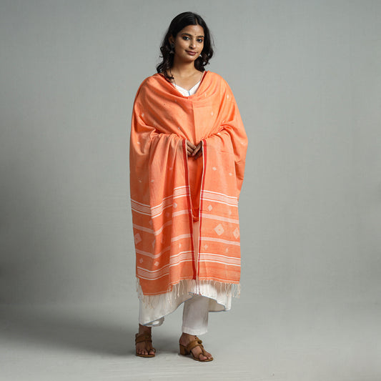 Orange - Burdwan Jamdani Buti Handloom Cotton Dupatta with Tassels 28