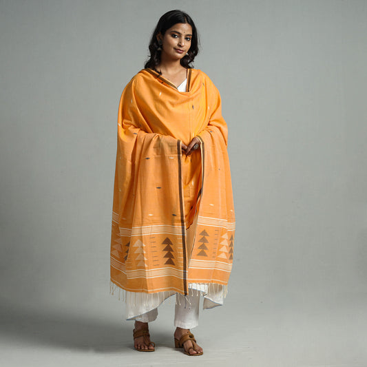 Orange - Burdwan Jamdani Buti Handloom Cotton Dupatta with Tassels 29