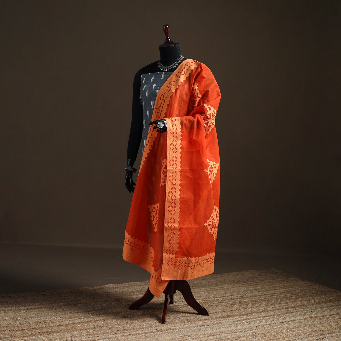 Orange - Pure Cotton Barmer Cutwork Applique Dupatta 13