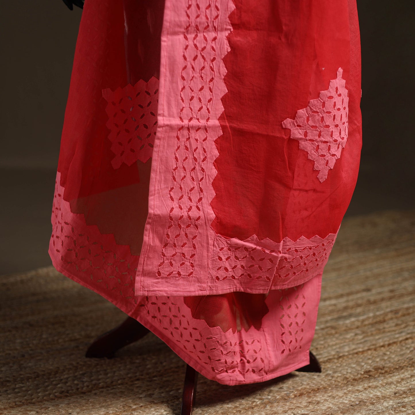 Red - Pure Cotton Barmer Cutwork Applique Dupatta 14
