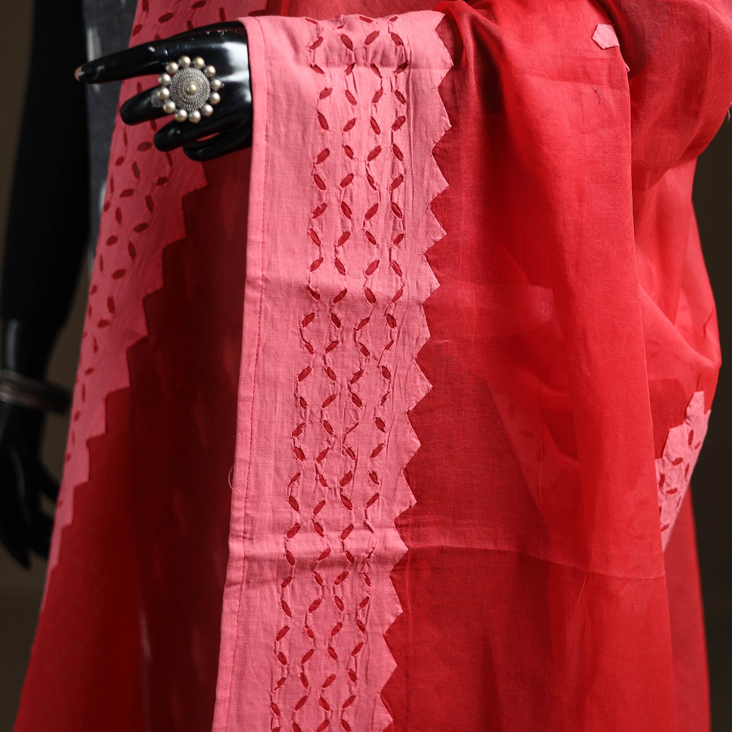 Red - Pure Cotton Barmer Cutwork Applique Dupatta 14