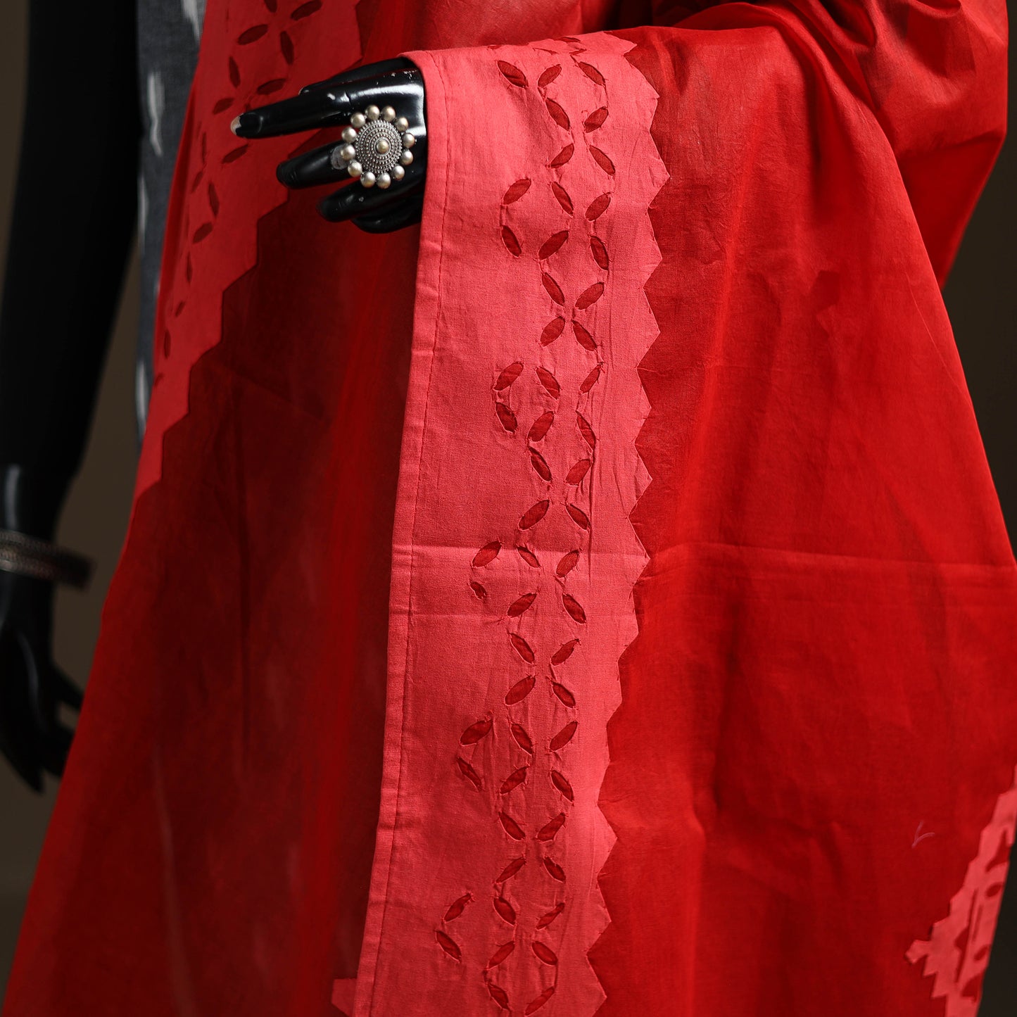 Red - Pure Cotton Barmer Cutwork Applique Dupatta 04