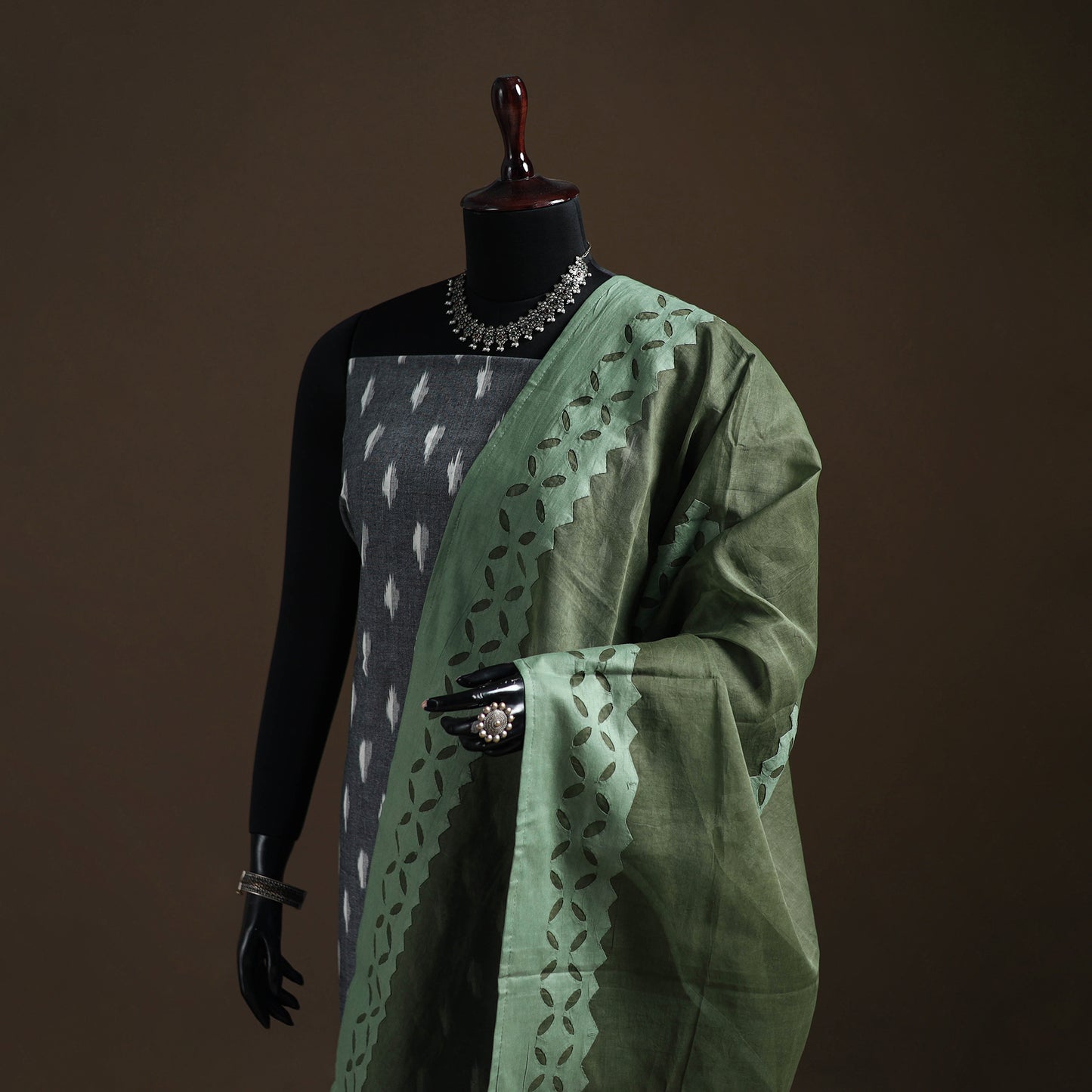 Green - Pure Cotton Barmer Cutwork Applique Dupatta 44