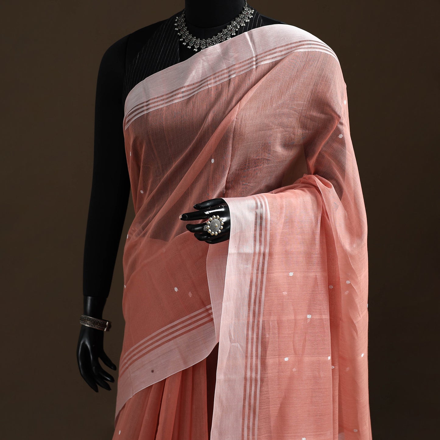 Peach - Pure Handloom Cotton Thread Buti Chanderi Saree 02