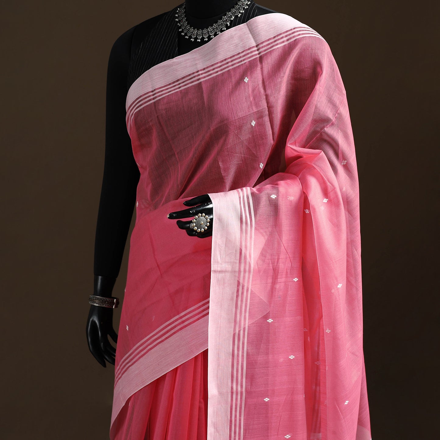 Pink - Pure Handloom Cotton Thread Buti Chanderi Saree 03