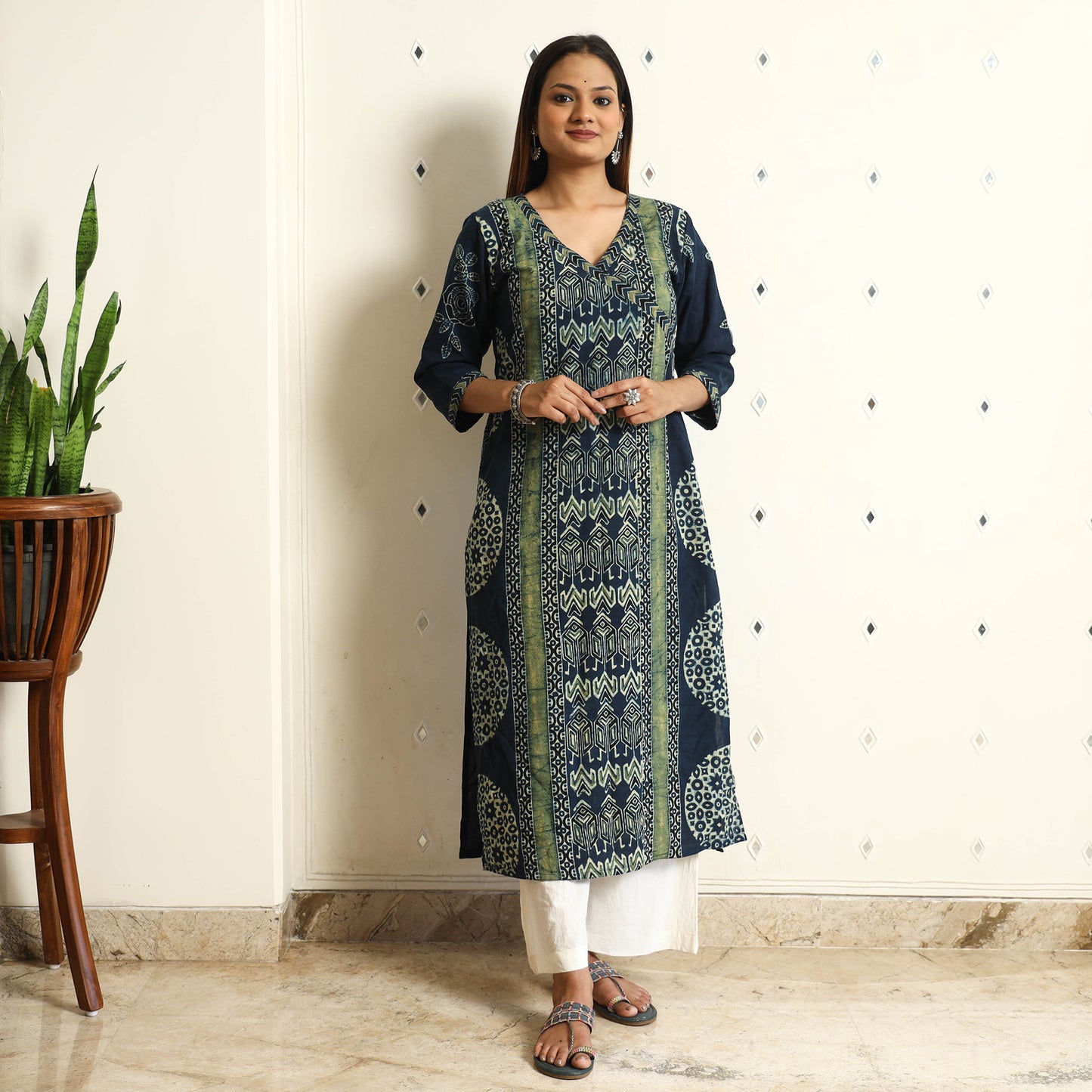 Limited Stock! Blue - Ajrakh Block Printed Cotton Straight Kurta