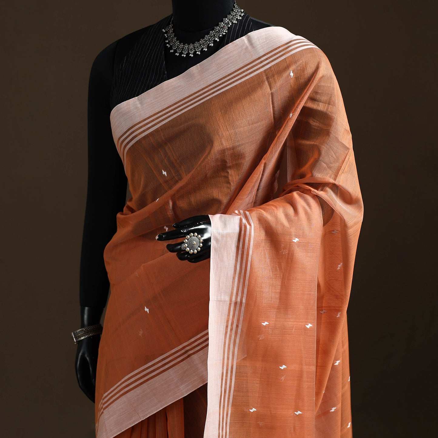 Orange - Pure Handloom Cotton Thread Buti Chanderi Saree 12