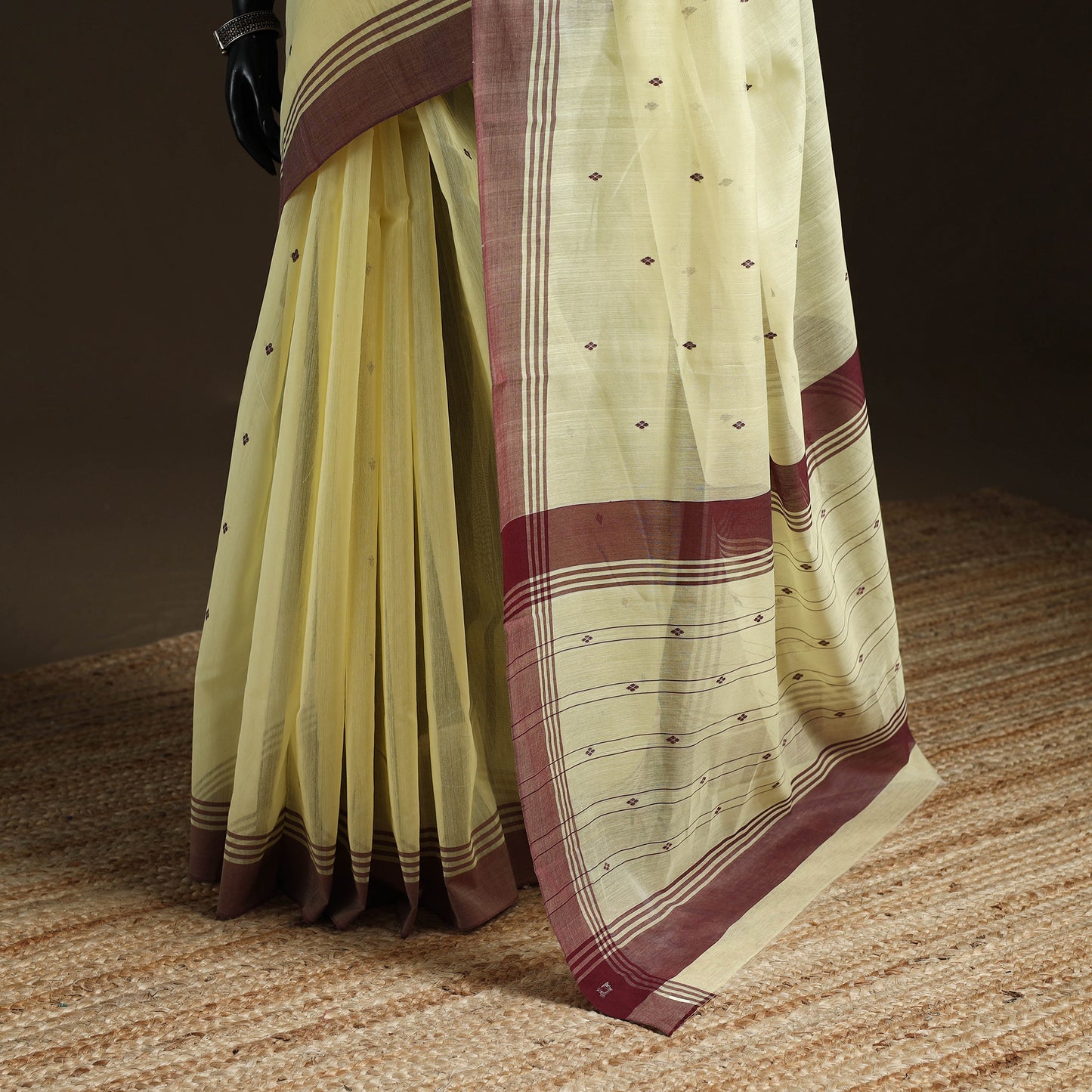 Yellow - Pure Handloom Cotton Thread Buti Chanderi Saree 13