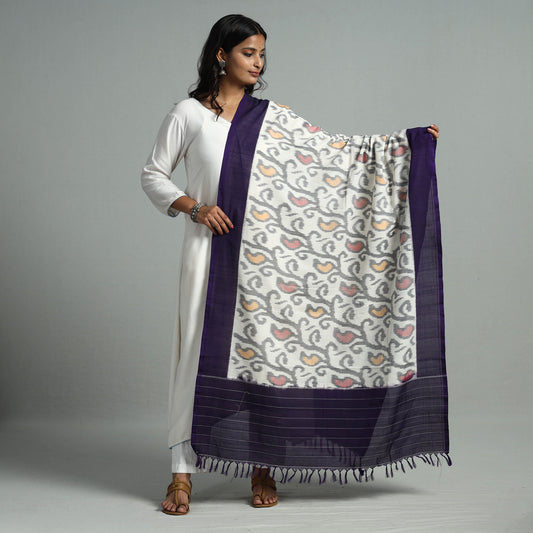 White - Pochampally Ikat Weave Cotton Handloom Dupatta 18