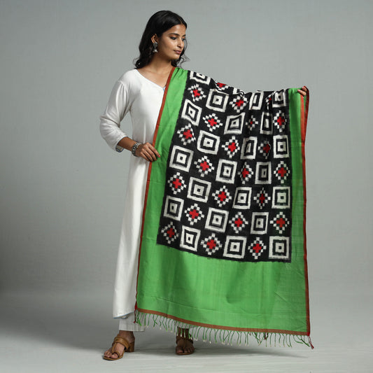 Black - Pochampally Ikat Weave Double Ikat Handloom Cotton Dupatta 21