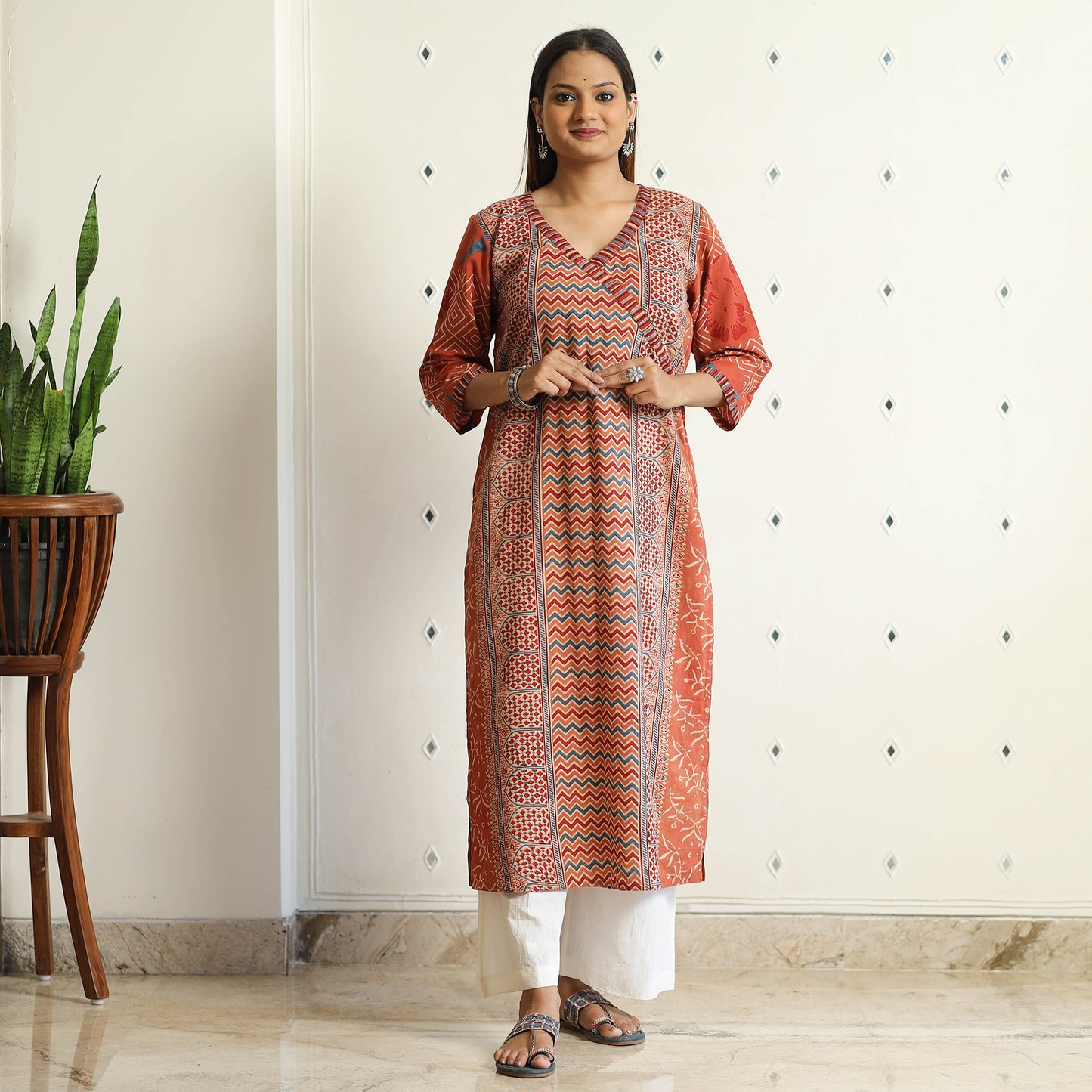 Orange Ajrakh Block Printed Cotton Straight Kurta
