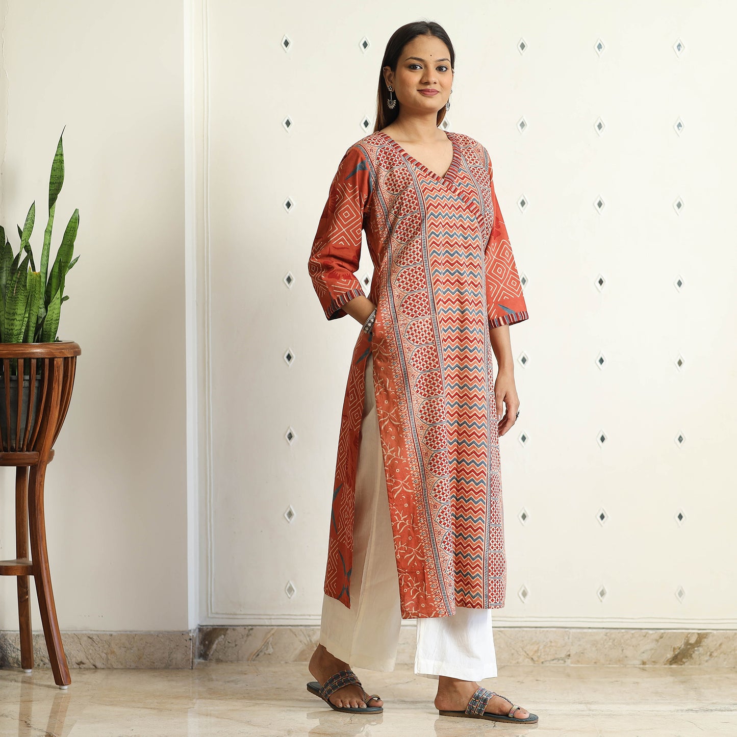 Orange Ajrakh Block Printed Cotton Straight Kurta
