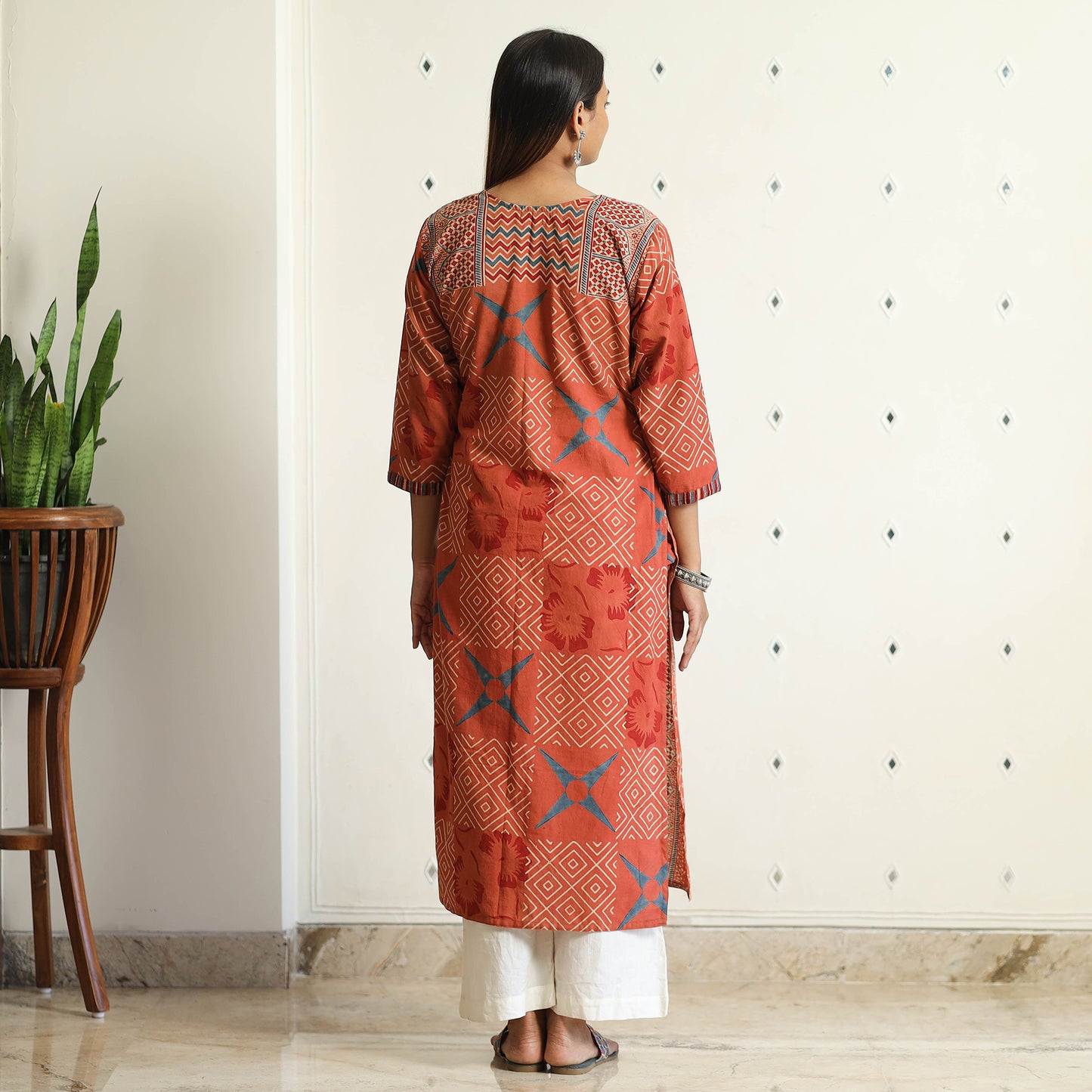 Orange Ajrakh Block Printed Cotton Straight Kurta