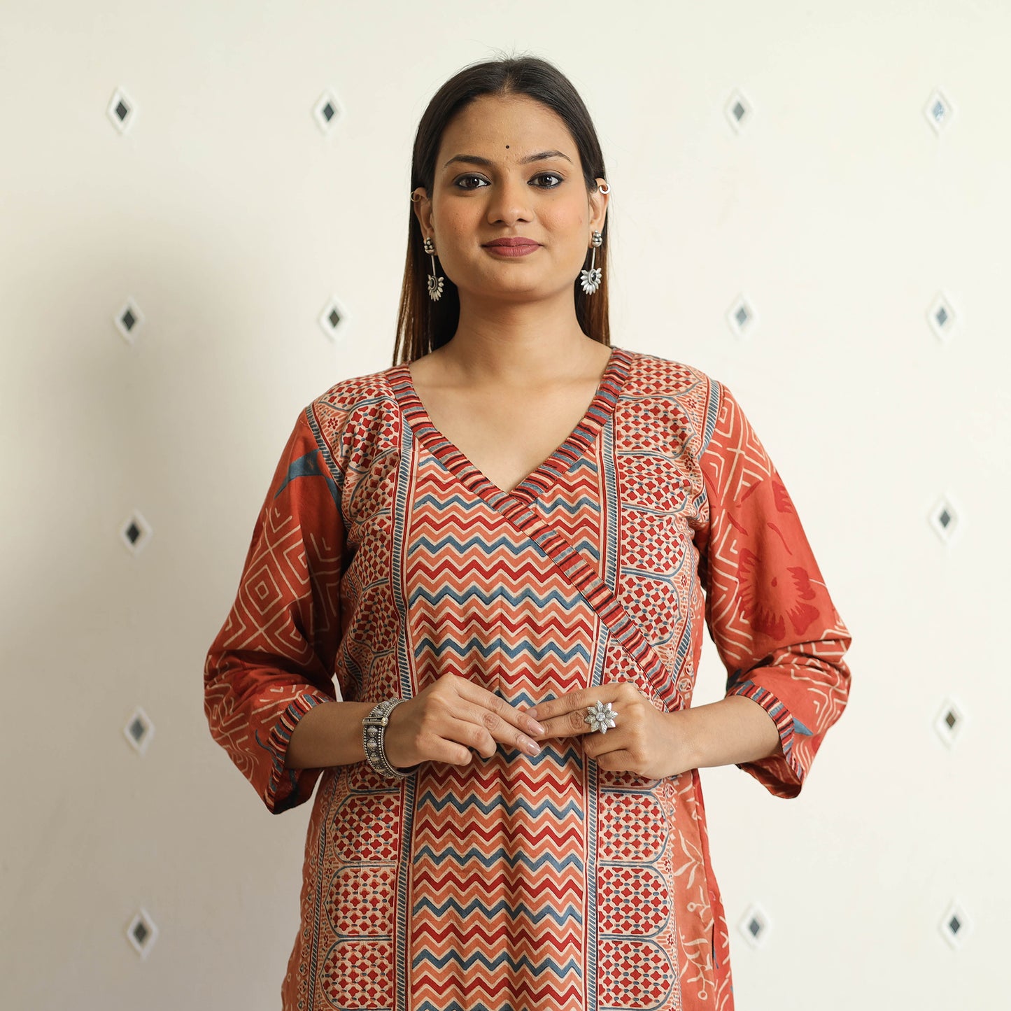 Orange Ajrakh Block Printed Cotton Straight Kurta