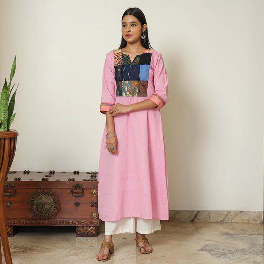 Pink - Dharwad Cotton A-Line Kurta with Patchwork 10