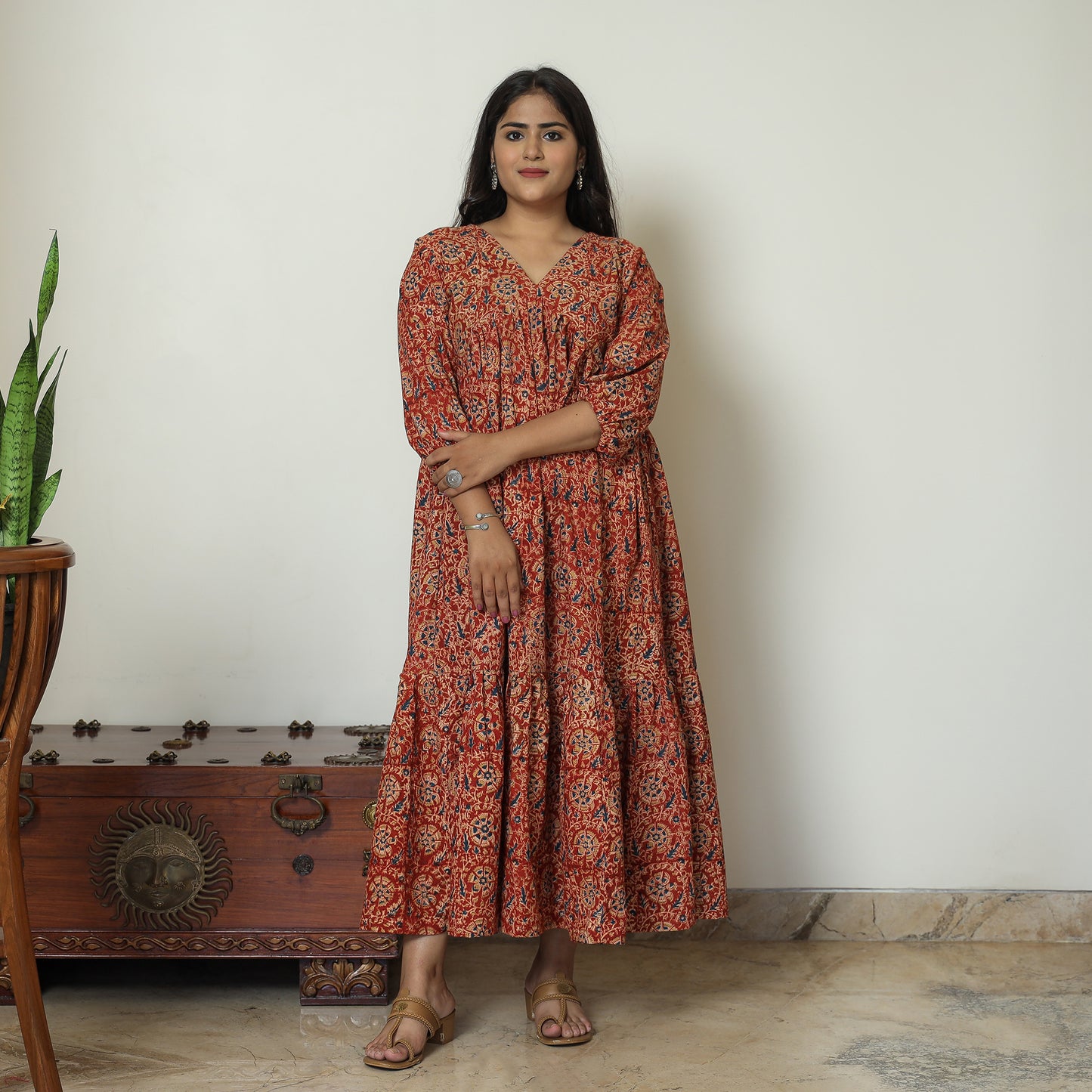 Buy Pedana Kalamkari Block Printed Cotton Flared Gher Dress 06 Online at iTokri.com