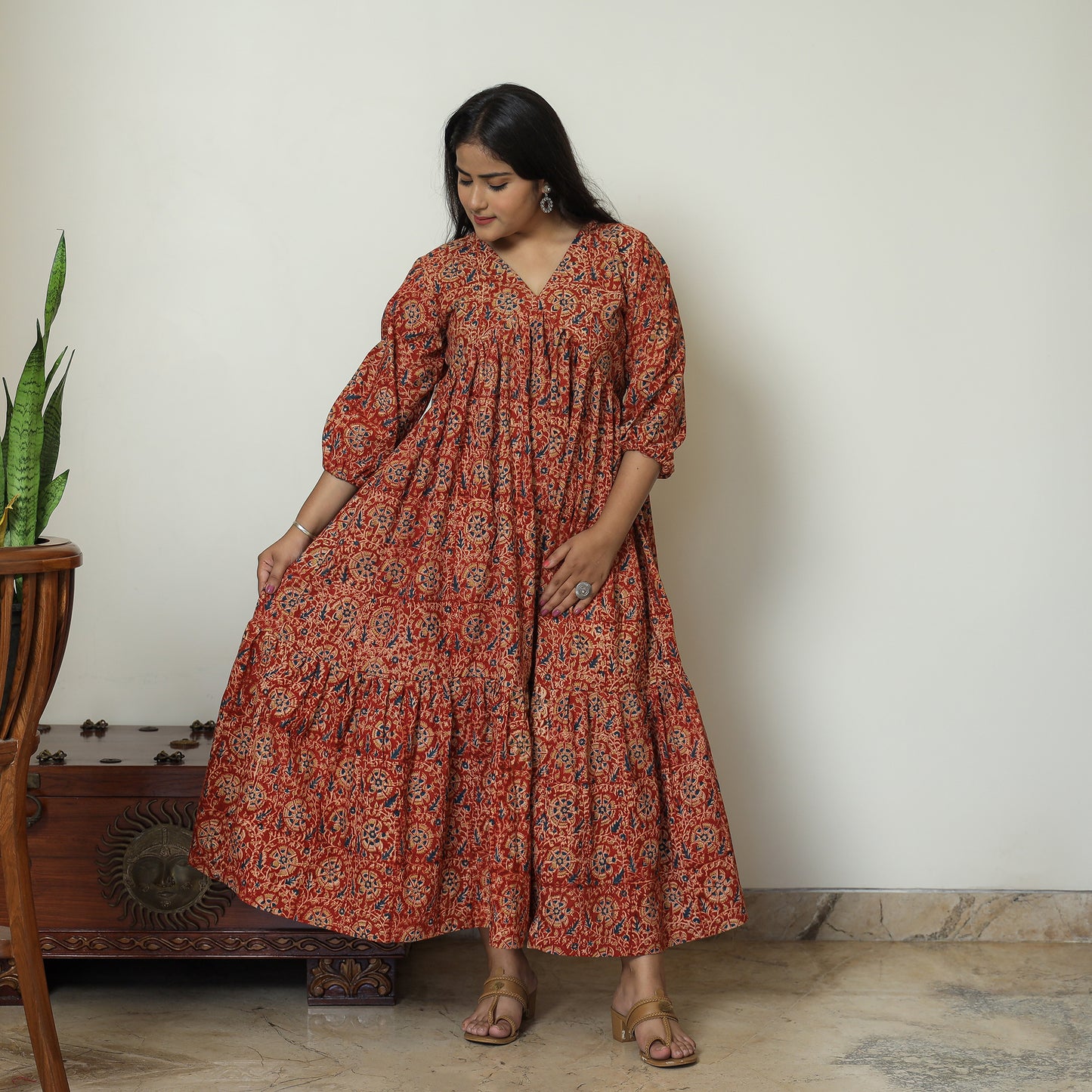 Buy Pedana Kalamkari Block Printed Cotton Flared Gher Dress 06 Online at iTokri.com