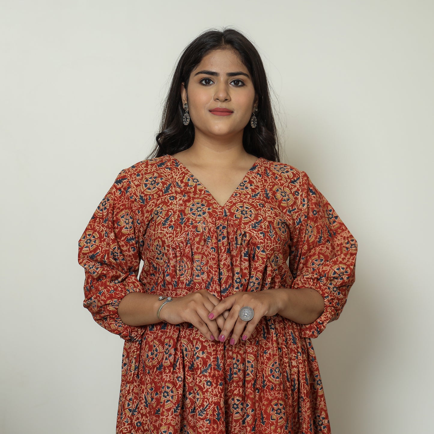 Buy Pedana Kalamkari Block Printed Cotton Flared Gher Dress 06 Online at iTokri.com