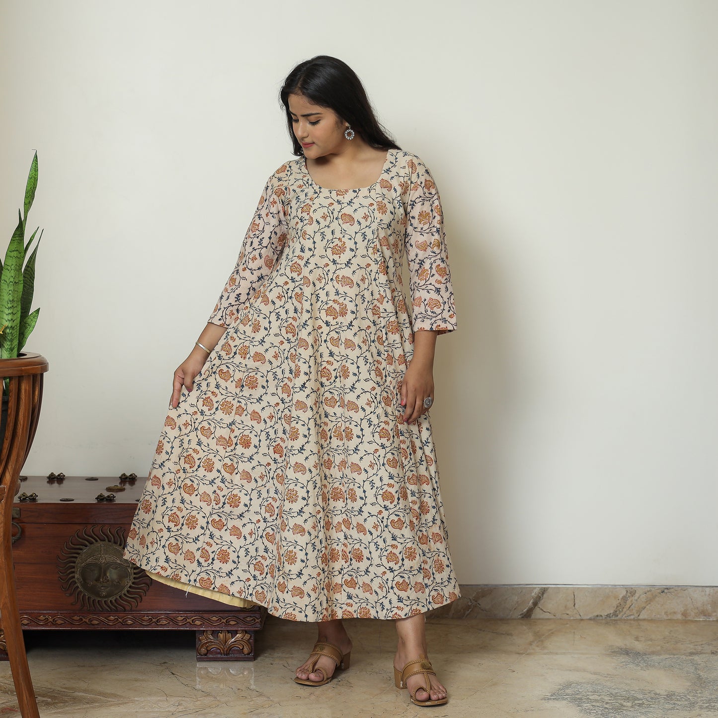 Beige - Pedana Kalamkari Block Printed Cotton Tiered Dress 01