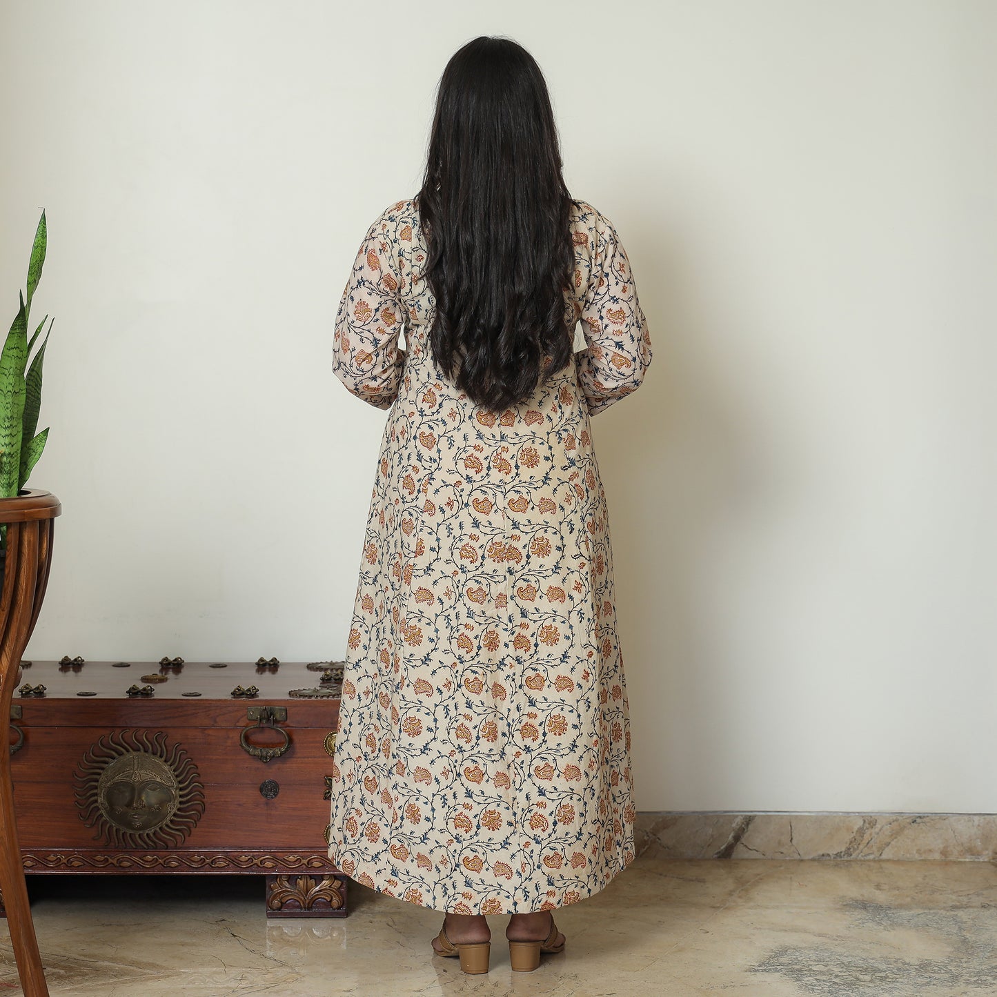 Beige - Pedana Kalamkari Block Printed Cotton Tiered Dress 01