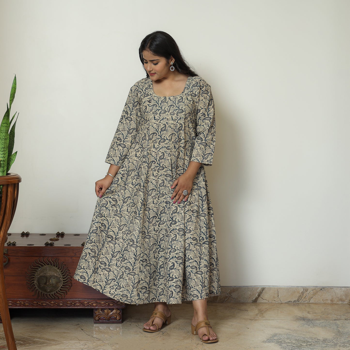 Grey - Pedana Kalamkari Block Printed Cotton Tiered Dress 04