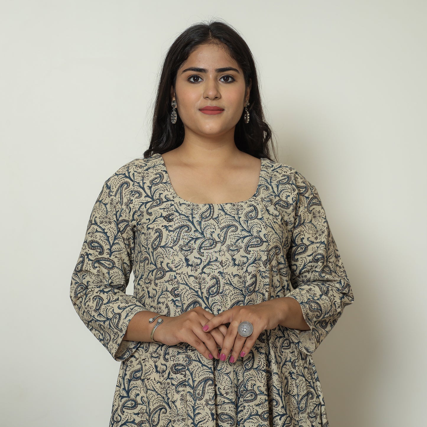Grey - Pedana Kalamkari Block Printed Cotton Tiered Dress 04