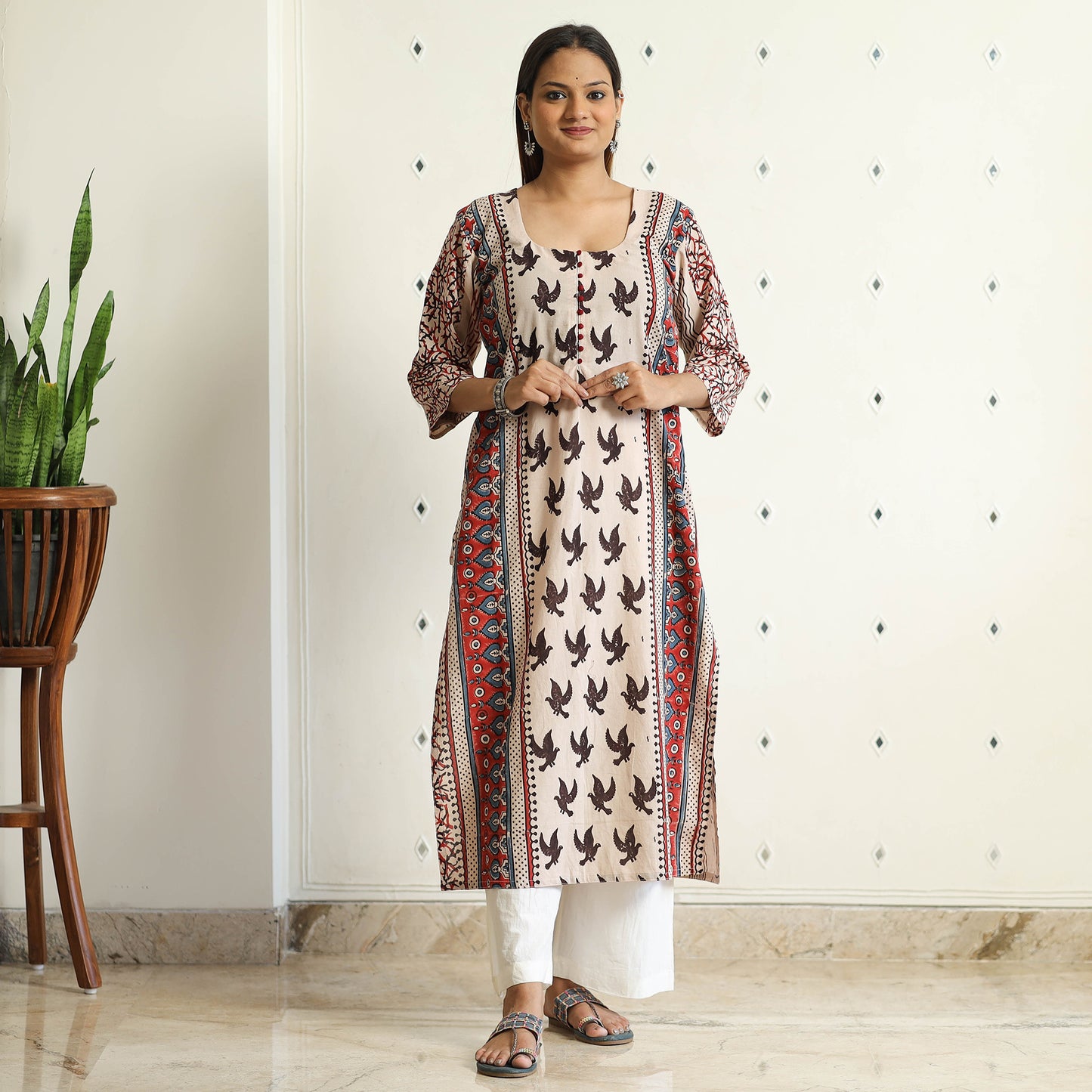 Limited Stock! Beige - Ajrakh Block Printed Cotton Straight Kurta